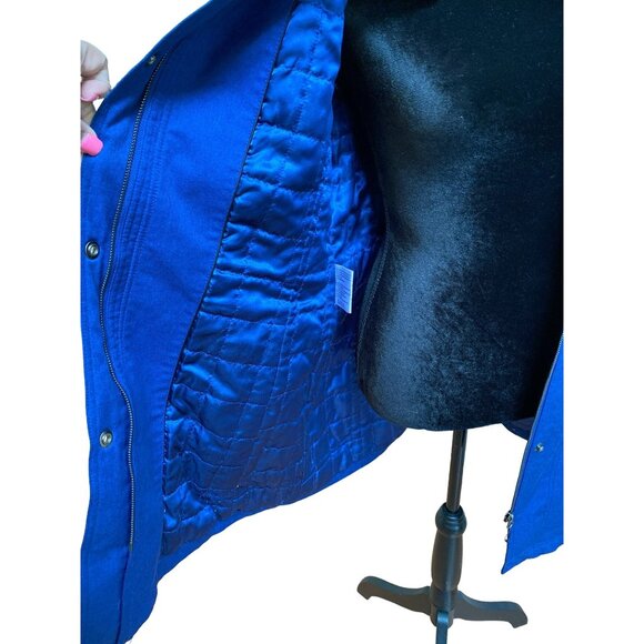 Blue Hooded Button-Up Jacket With Adjustable Waist & Snap Closures - Picture 7 of 9